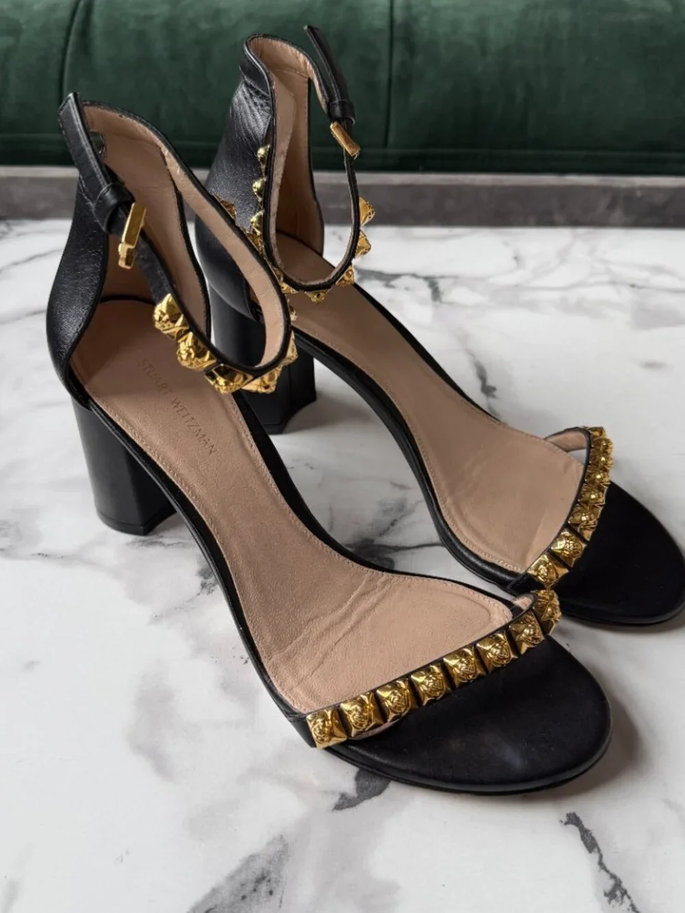 Stuart Weitzman Rosemarie Black Leather Studded Sandals Size 9.5